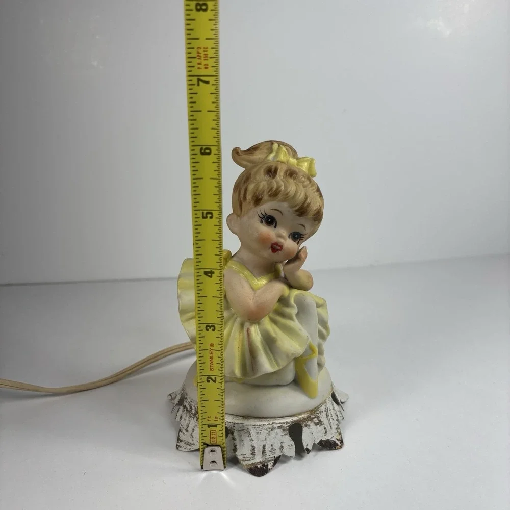 Vtg Rustic Cottage Porcelain Ballerina Night Light Yellow Dress Metal Stand Plug